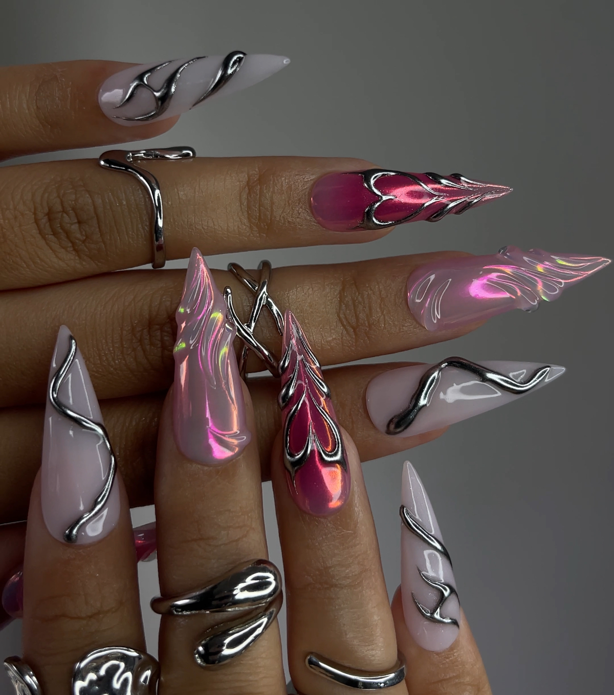 DoryNail Chrome Flame Aura Press On Nails | Pink Iridescent Nail Art | Metallic 3D Wave Design | Futuristic Chrome Nails | Handmade Statement Set OB220L