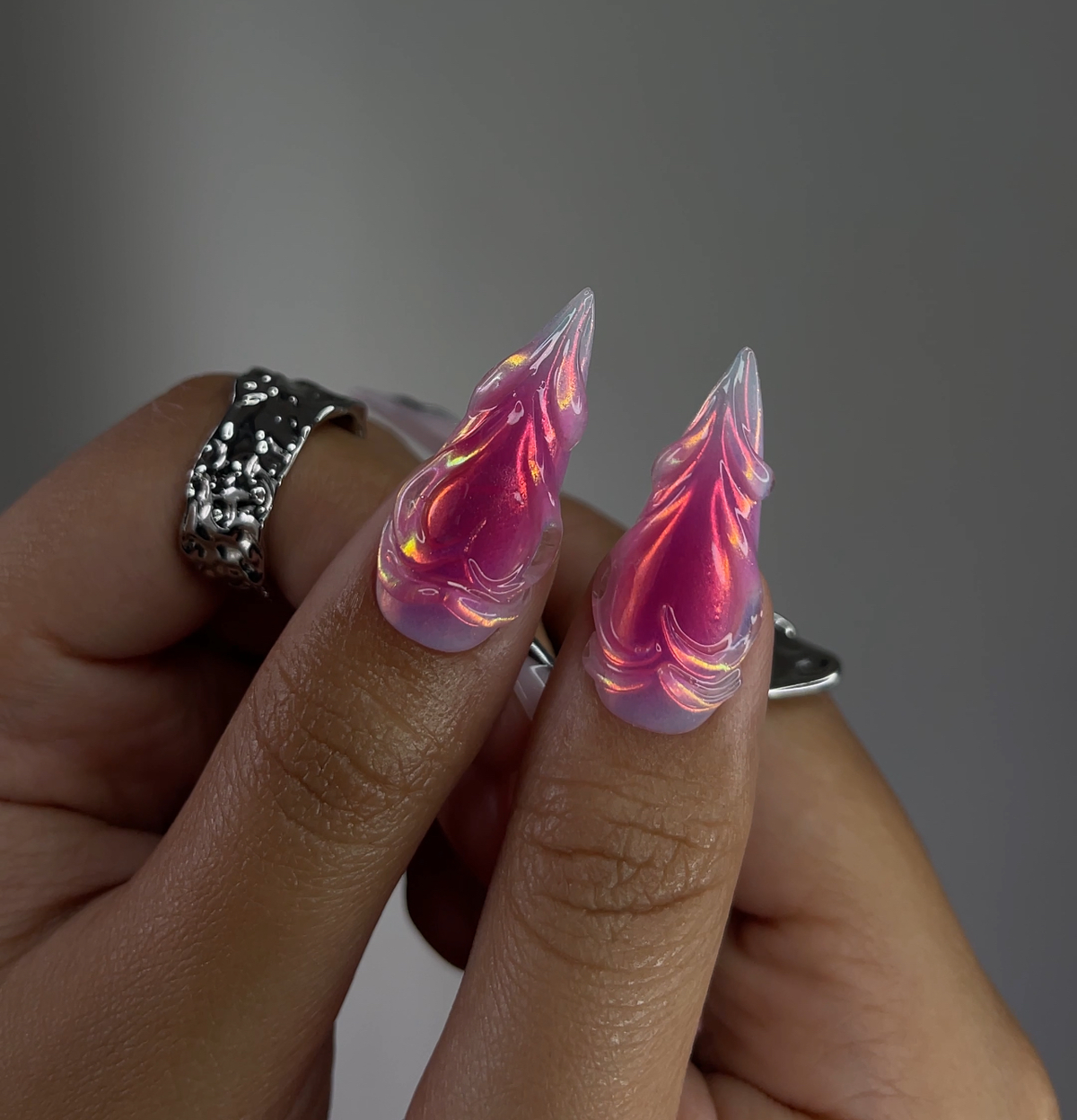 DoryNail Chrome Flame Aura Press On Nails | Pink Iridescent Nail Art | Metallic 3D Wave Design | Futuristic Chrome Nails | Handmade Statement Set OB220L