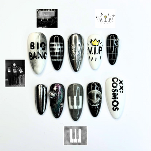 Kpop Concert Press On Nails with Silver Chrome | Black White Crown Nail Art | Korean Pop Fan Nails for Concert, Music Festival | OB503UC