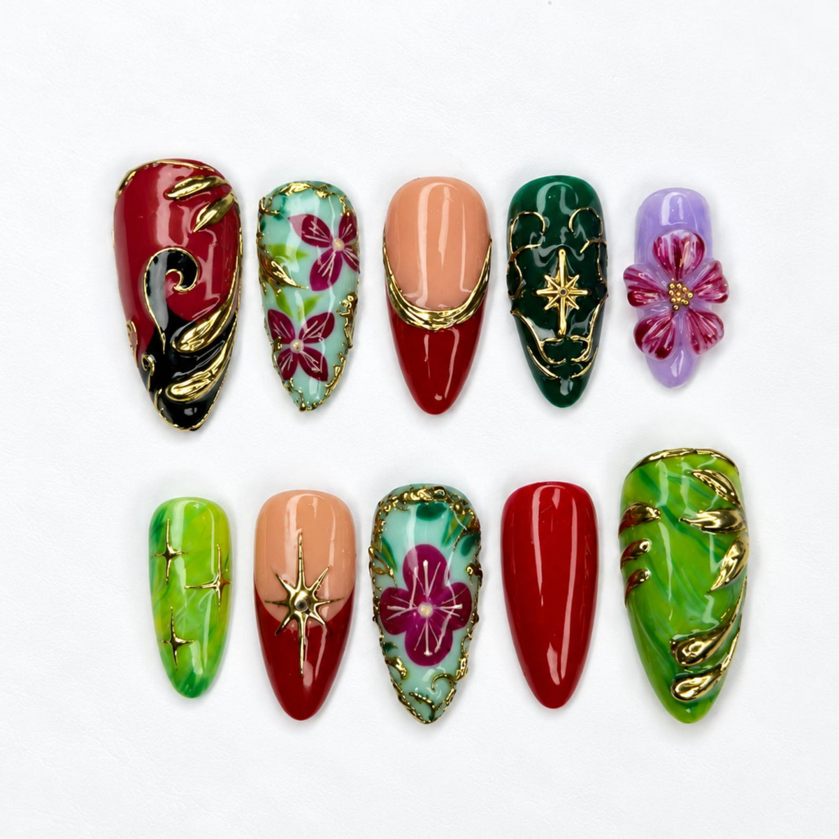Luxury Fall Press On Nails with Gold Floral Art , Elegant Autumn Nails , Jewel Tone Handmade Nail Set | OB541WC