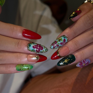 Luxury Fall Press On Nails with Gold Floral Art , Elegant Autumn Nails , Jewel Tone Handmade Nail Set | OB541WC