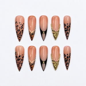Luxury Leopard Press On Nails with Gold Rhinestones | Nude French Tip Animal Print Nails | Glam Statement Manicure | OC464JC