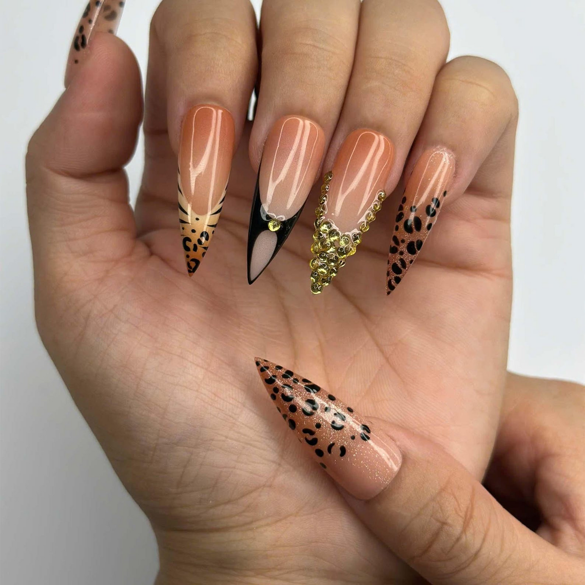 Luxury Leopard Press On Nails with Gold Rhinestones | Nude French Tip Animal Print Nails | Glam Statement Manicure | OC464JC