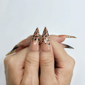 Luxury Leopard Press On Nails with Gold Rhinestones | Nude French Tip Animal Print Nails | Glam Statement Manicure | OC464JC
