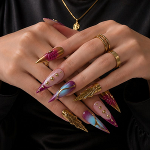 Luxury Press On Nails with Gold Jewelry Charms | Burgundy 3D Long Stiletto Nails | Elegant Chrome Nail Art for Fall, Party | OC488UC