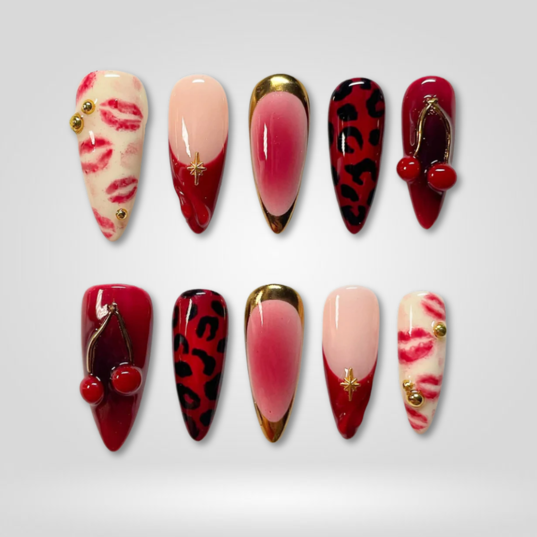 Red Kiss Leopard Lip Print Press-On Nails - Aninail