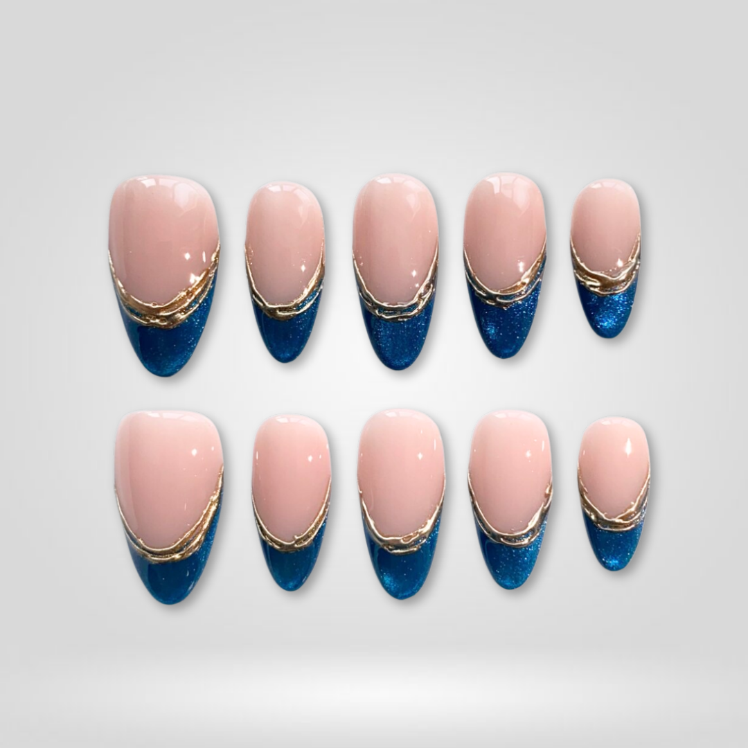 Blue French Gold Metallic Press-On Nails - Aninail