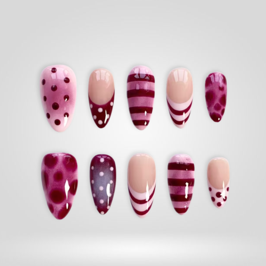 Berry Stripe 3D Floral Press-On Nails - Aninail
