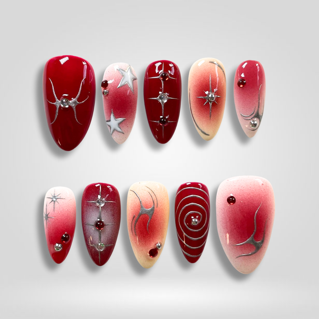 Crimson Orbit 3D Chrome Press-On Nails - Aninail