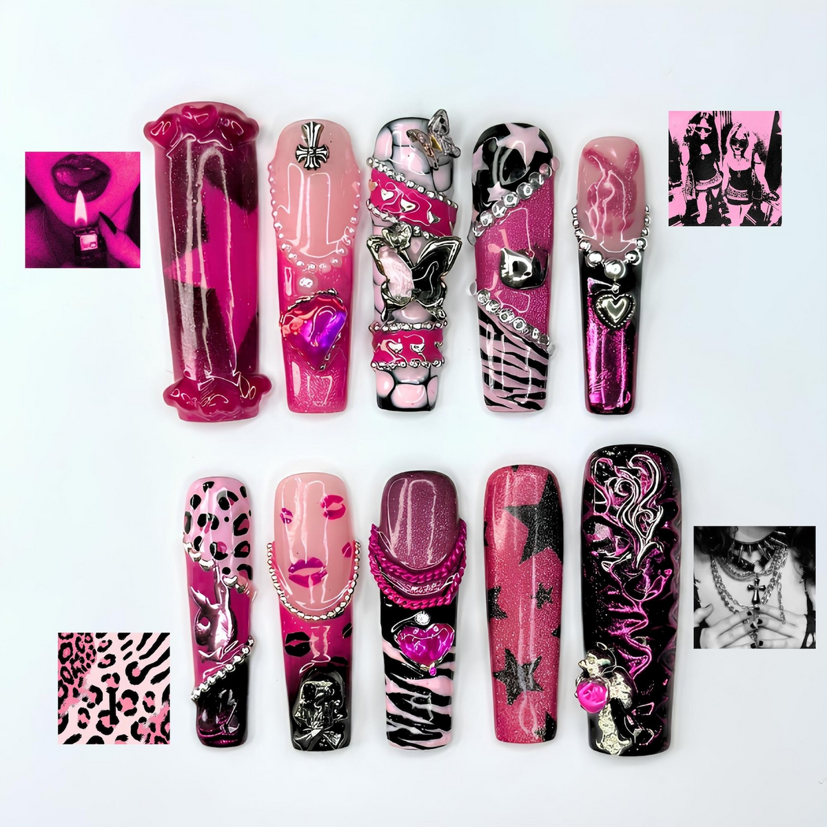 Pink Punk Press On Nails, Y2K Grunge Nails, Goth Glam Handmade Gel Nails, Chrome Heart Statement Manicure | OB459UG