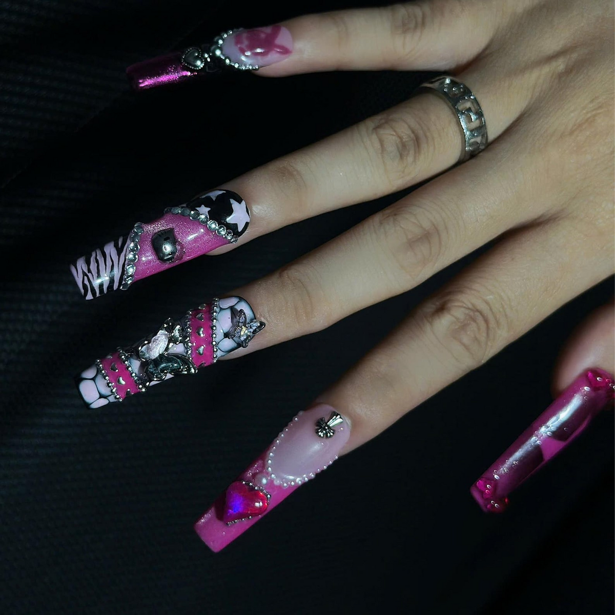 Pink Punk Press On Nails, Y2K Grunge Nails, Goth Glam Handmade Gel Nails, Chrome Heart Statement Manicure | OB459UG