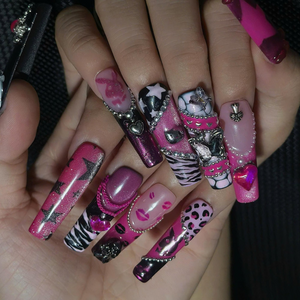 Pink Punk Press On Nails, Y2K Grunge Nails, Goth Glam Handmade Gel Nails, Chrome Heart Statement Manicure | OB459UG