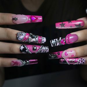 Pink Punk Press On Nails, Y2K Grunge Nails, Goth Glam Handmade Gel Nails, Chrome Heart Statement Manicure | OB459UG