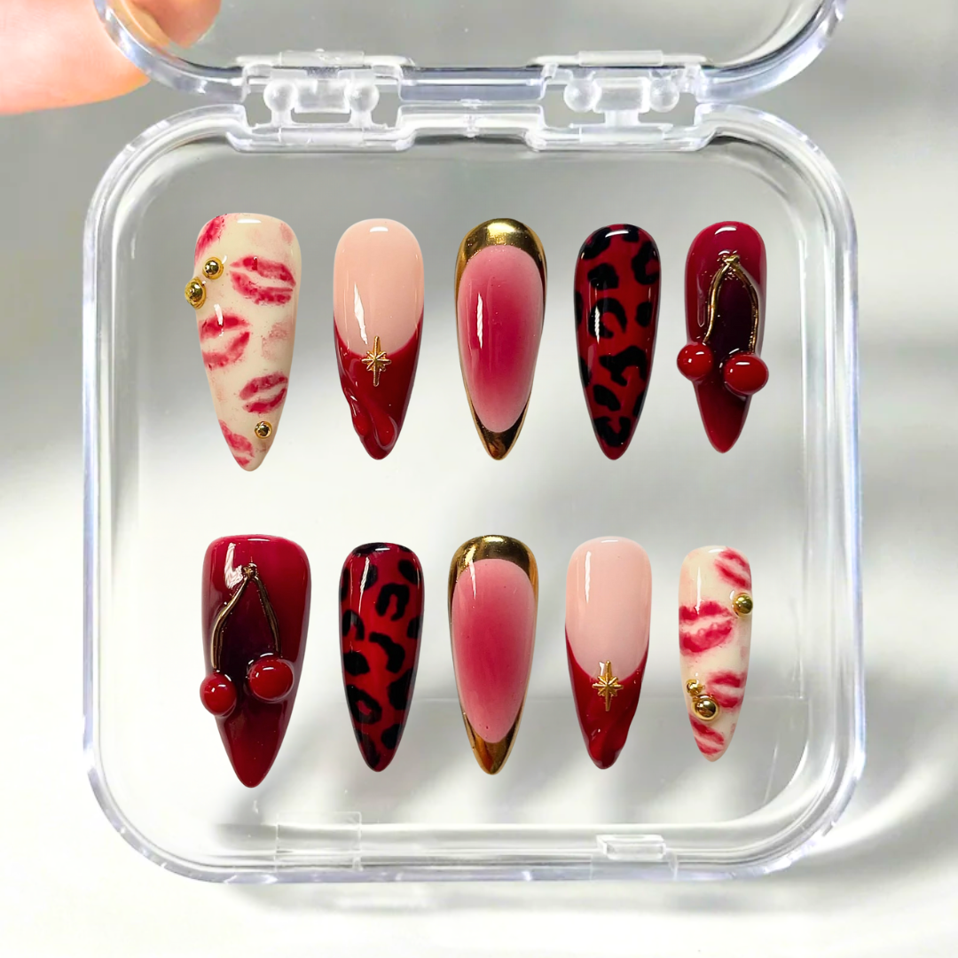 Red Kiss Leopard Lip Print Press-On Nails - Aninail