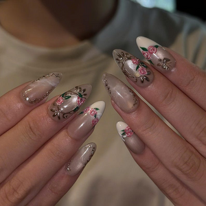 Rose Press On Nails with 3D Floral Art | Vintage Gold Frame & Butterfly | Romantic Handmade Nails | OB539UC