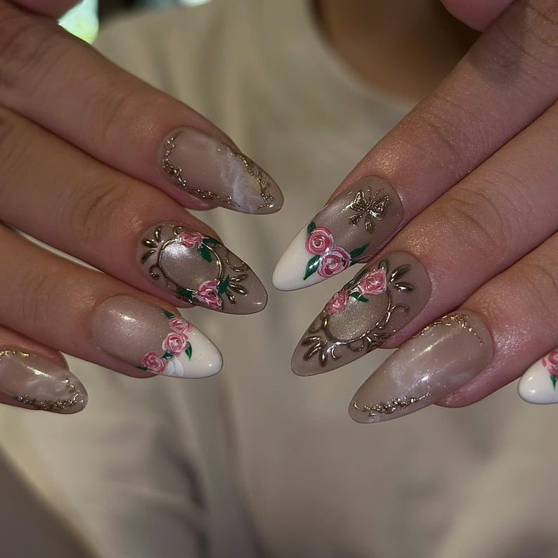 Rose Press On Nails with 3D Floral Art | Vintage Gold Frame & Butterfly | Romantic Handmade Nails | OB539UC