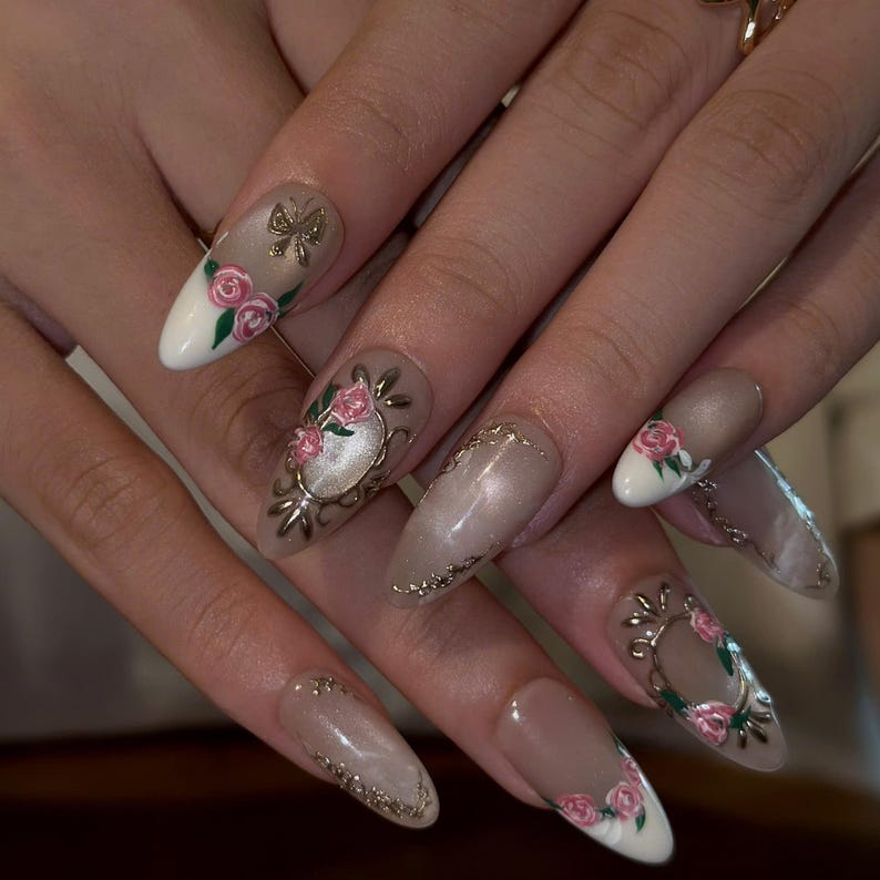 Rose Press On Nails with 3D Floral Art | Vintage Gold Frame & Butterfly | Romantic Handmade Nails | OB539UC