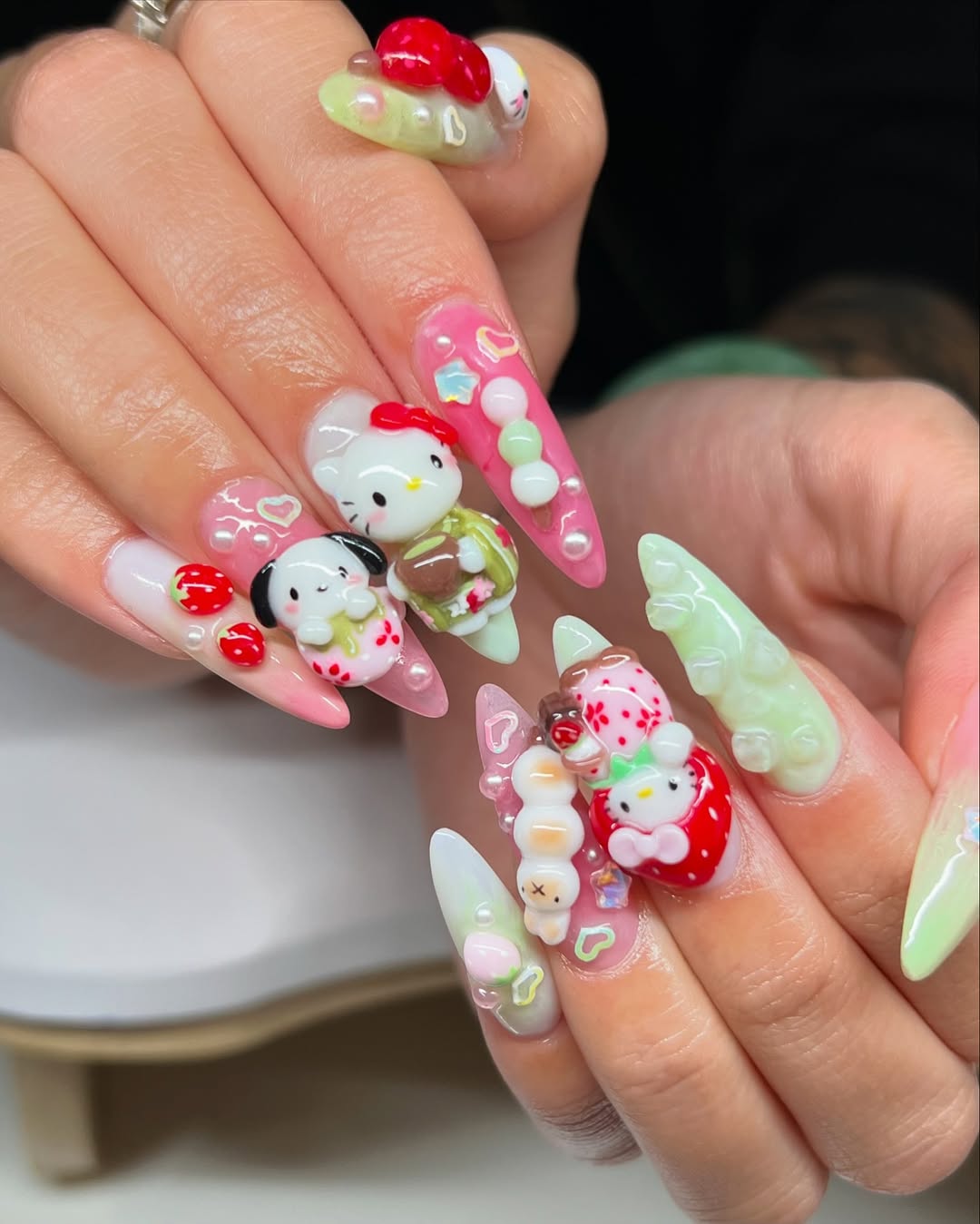 Strawberry Matcha Hello Kitty 3D Press On Nails by Faithsfullsets | Kawaii Sanrio Handmade Charms | OA02LF