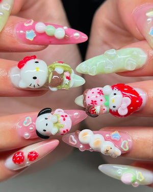 Strawberry Matcha Hello Kitty 3D Press On Nails by Faithsfullsets | Kawaii Sanrio Handmade Charms | OA02LF