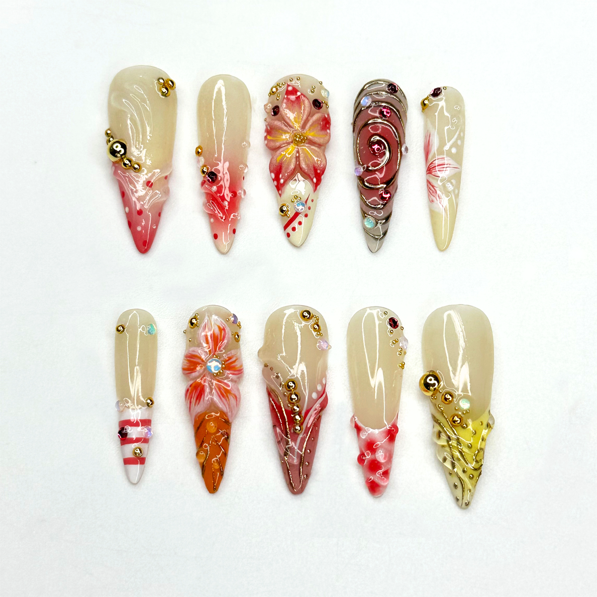 Summer 3D Press On Nails | Luxury Tropical Stiletto Nails | Premium Beach Vacation Birthday Nails Gift | OB397LK