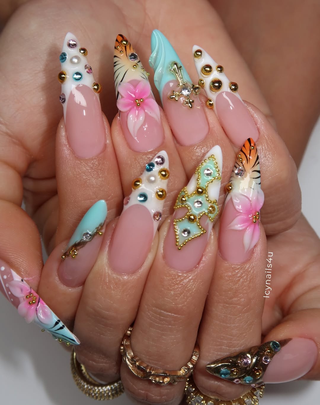 Tropical Summer 3D Press On Nails by Icy Nails 4u | Luxury Floral & Crystal Stiletto | OB01LU