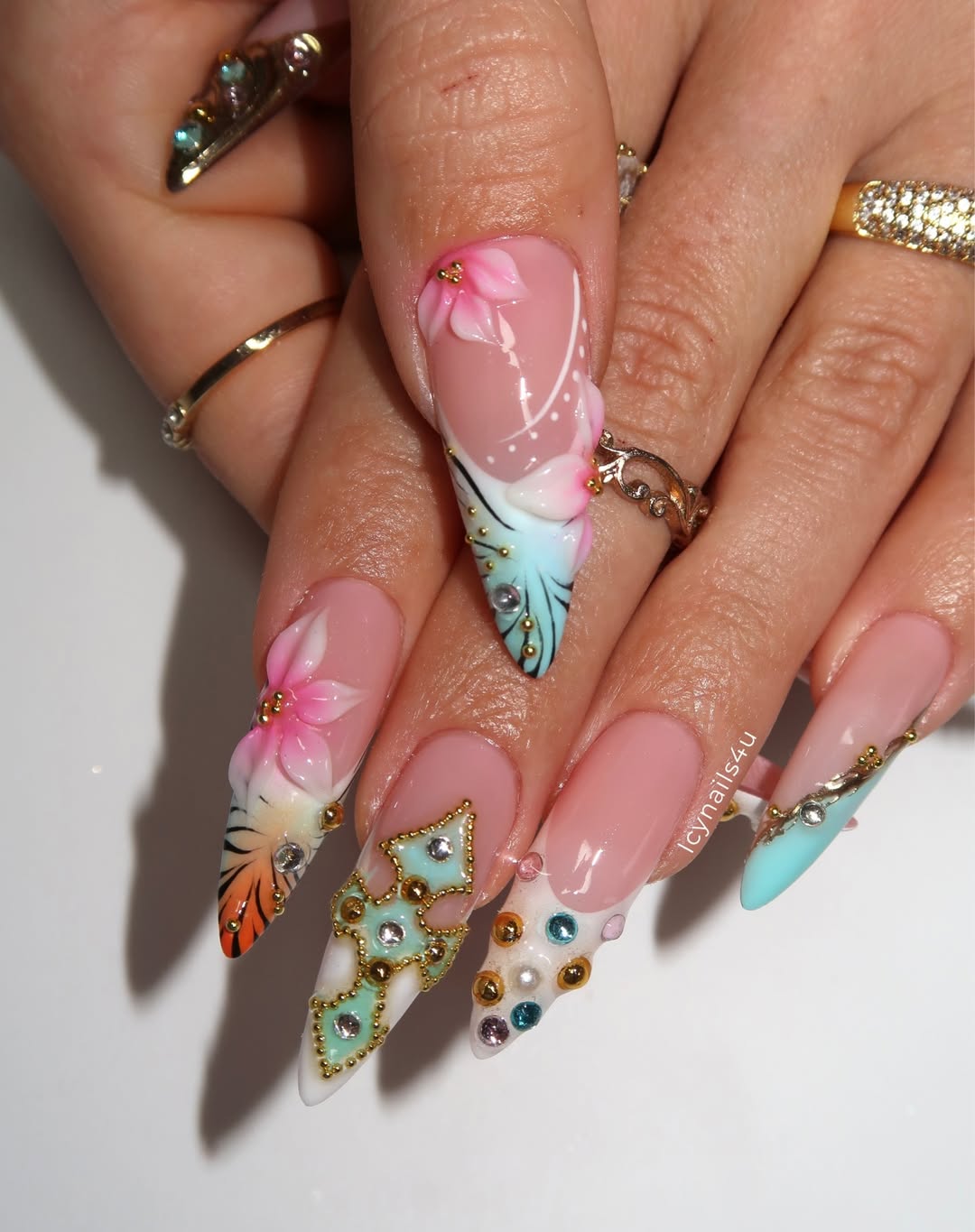 Tropical Summer 3D Press On Nails by Icy Nails 4u | Luxury Floral & Crystal Stiletto | OB01LU