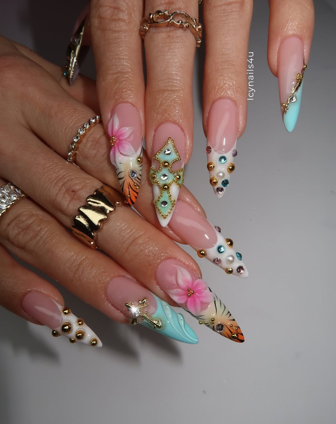 Tropical Summer 3D Press On Nails by Icy Nails 4u | Luxury Floral & Crystal Stiletto | OB01LU