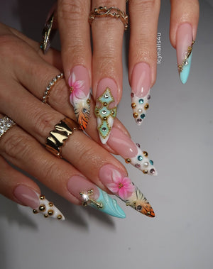 Tropical Summer 3D Press On Nails by Icy Nails 4u | Luxury Floral & Crystal Stiletto | OB01LU
