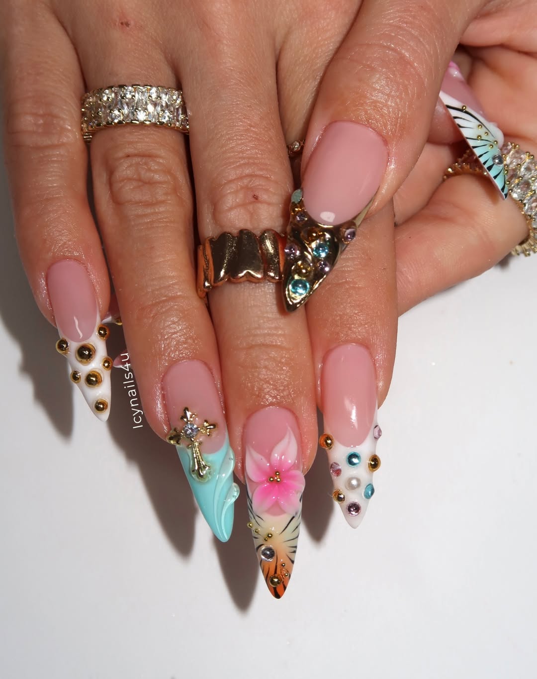 Tropical Summer 3D Press On Nails by Icy Nails 4u | Luxury Floral & Crystal Stiletto | OB01LU