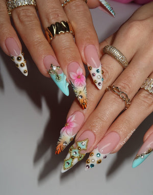 Tropical Summer 3D Press On Nails by Icy Nails 4u | Luxury Floral & Crystal Stiletto | OB01LU