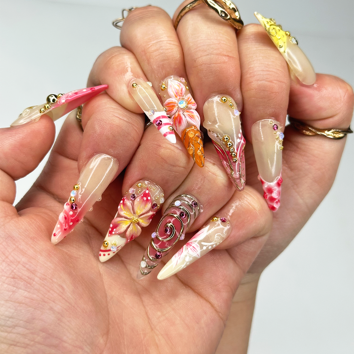 Summer 3D Press On Nails | Luxury Tropical Stiletto Nails | Premium Beach Vacation Birthday Nails Gift | OB397LK