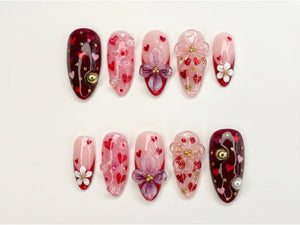 Sweetheart Bloom Press On Nails | Valentine Heart Nails | Pink Red Romantic Nails | 3D Flower Press On Nails | Handmade Love Nail Art |  OB13L