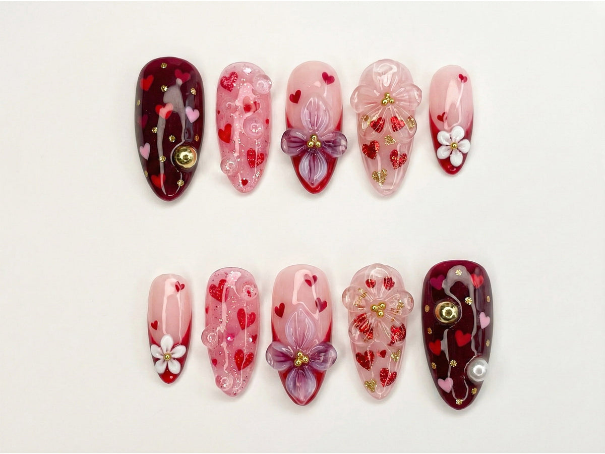 Sweetheart Bloom Press On Nails | Valentine Heart Nails | Pink Red Romantic Nails | 3D Flower Press On Nails | Handmade Love Nail Art |  OB13L