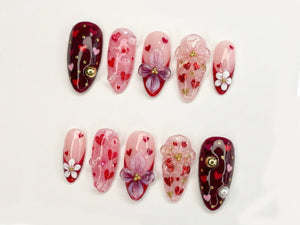Sweetheart Bloom Press On Nails | Valentine Heart Nails | Pink Red Romantic Nails | 3D Flower Press On Nails | Handmade Love Nail Art |  OB13L