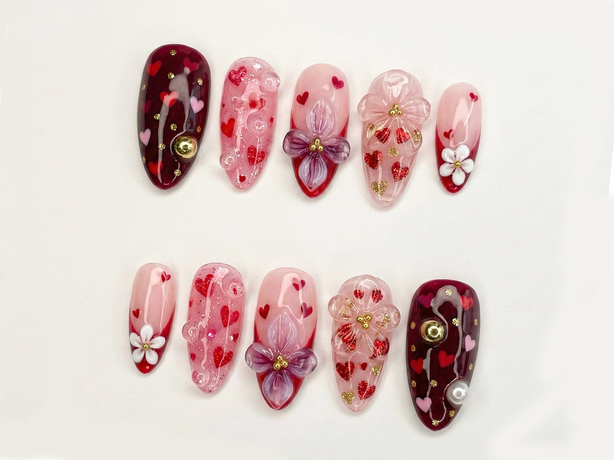 Sweetheart Bloom Press On Nails | Valentine Heart Nails | Pink Red Romantic Nails | 3D Flower Press On Nails | Handmade Love Nail Art |  OB13L
