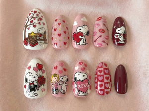 Snoopy Love Story Press On Nails | Valentine Cartoon Nails | Pink Heart Nail Art | Cute Snoopy & Peanuts Design | Handmade Press Ons | OB14LN