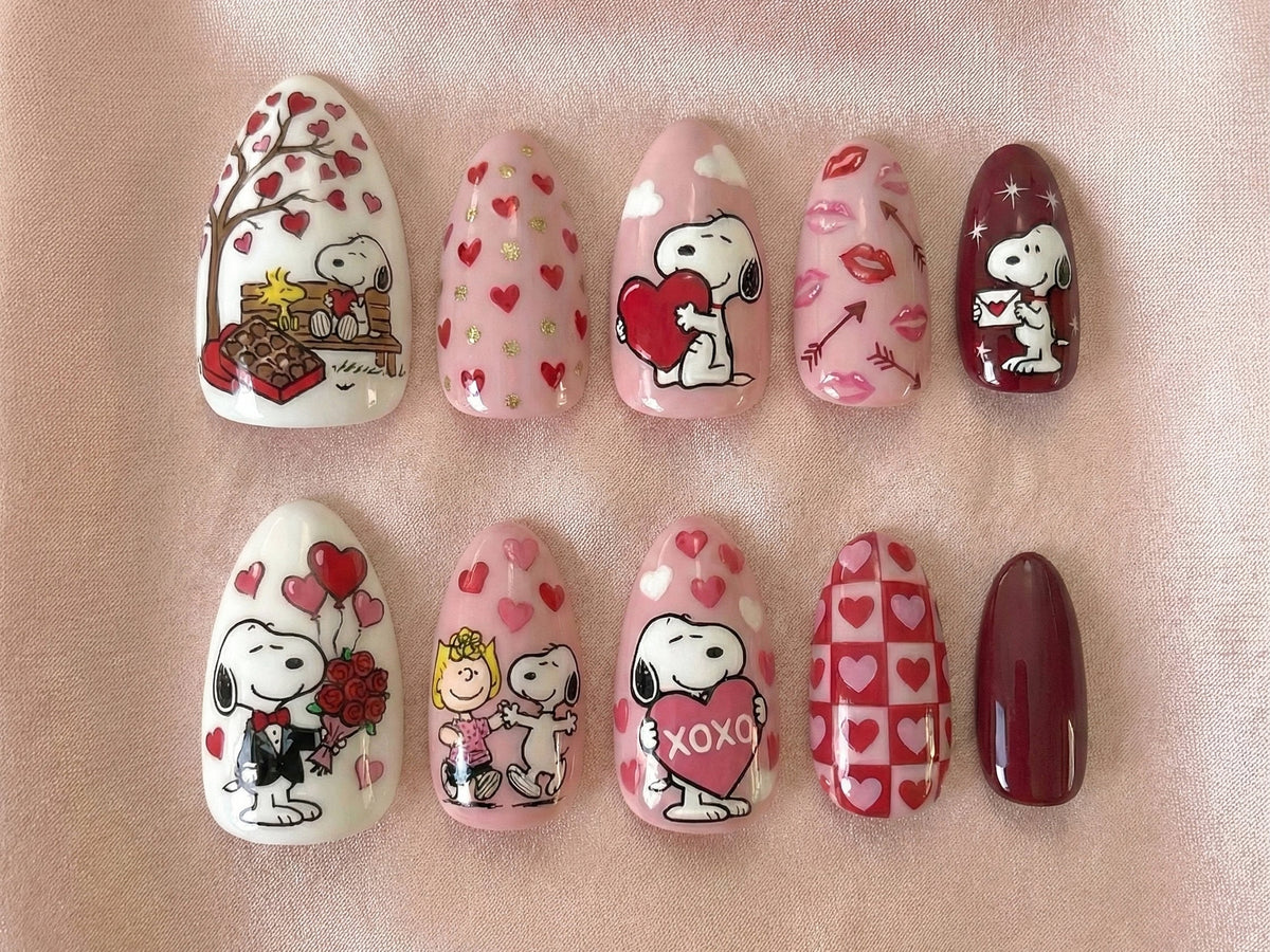 Snoopy Love Story Press On Nails | Valentine Cartoon Nails | Pink Heart Nail Art | Cute Snoopy & Peanuts Design | Handmade Press Ons | OB14LN