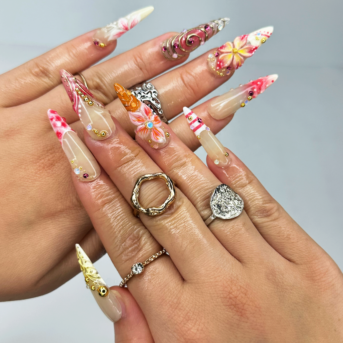 Summer 3D Press On Nails | Luxury Tropical Stiletto Nails | Premium Beach Vacation Birthday Nails Gift | OB397LK