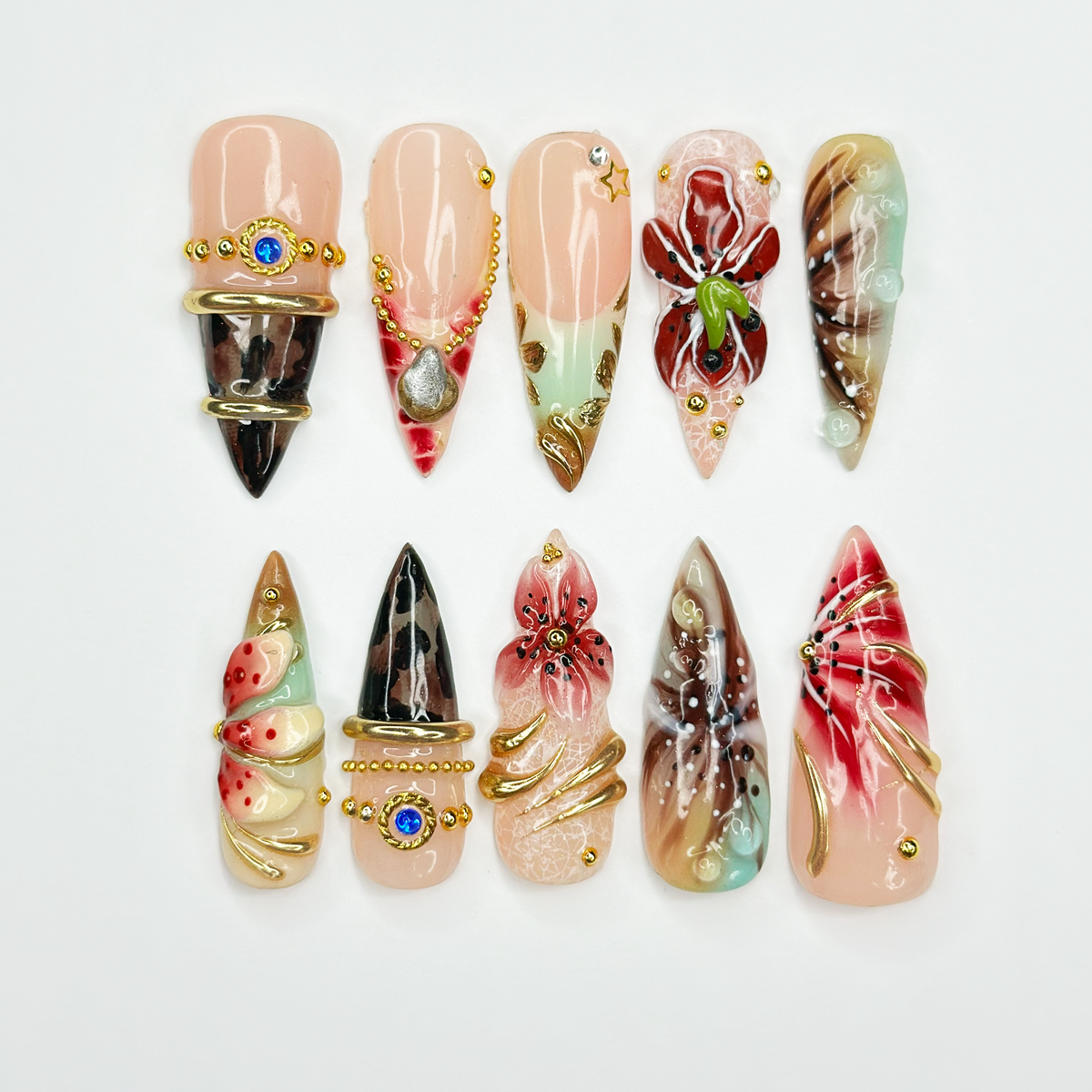 Luxury Floral Press On Nails, Burgundy Gold Nails, 3D Flower Nail Set, Vintage Glam Handmade Press On Nails, OB1377U