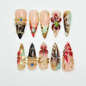 Luxury Floral Press On Nails, Burgundy Gold Nails, 3D Flower Nail Set, Vintage Glam Handmade Press On Nails, OB1377U