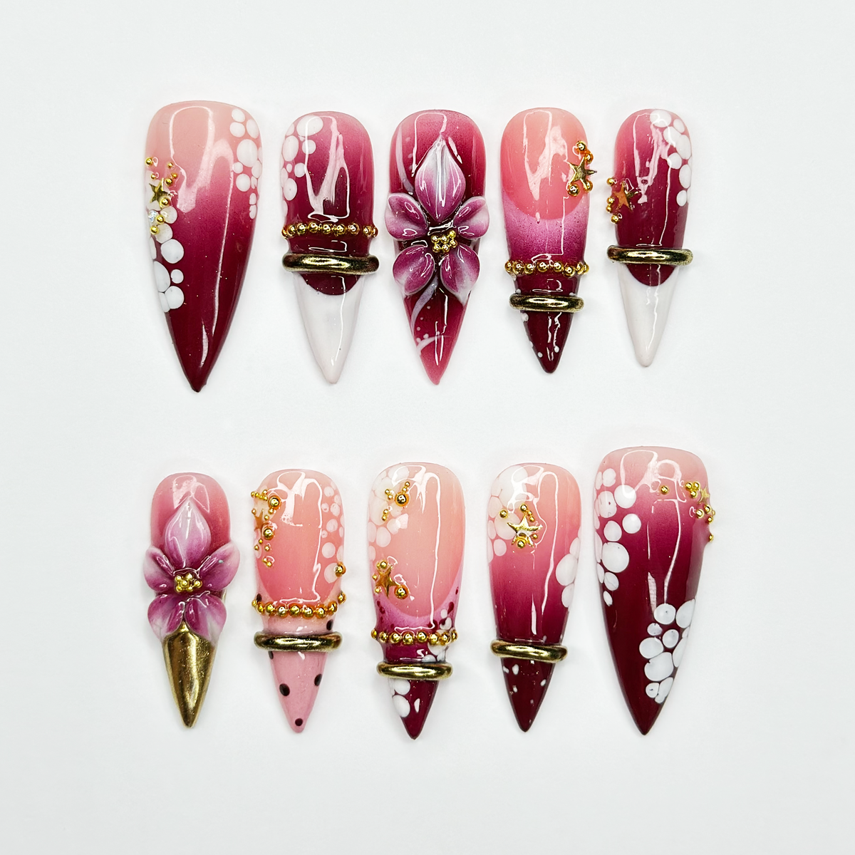Burgundy Floral Press On Nails | 3D Flower Gold Ring Nails | Coquette Cherry Blossom Nails | Luxury Handmade Stiletto Nail Set | OB1378U