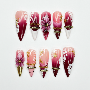 Burgundy Floral Press On Nails | 3D Flower Gold Ring Nails | Coquette Cherry Blossom Nails | Luxury Handmade Stiletto Nail Set | OB1378U