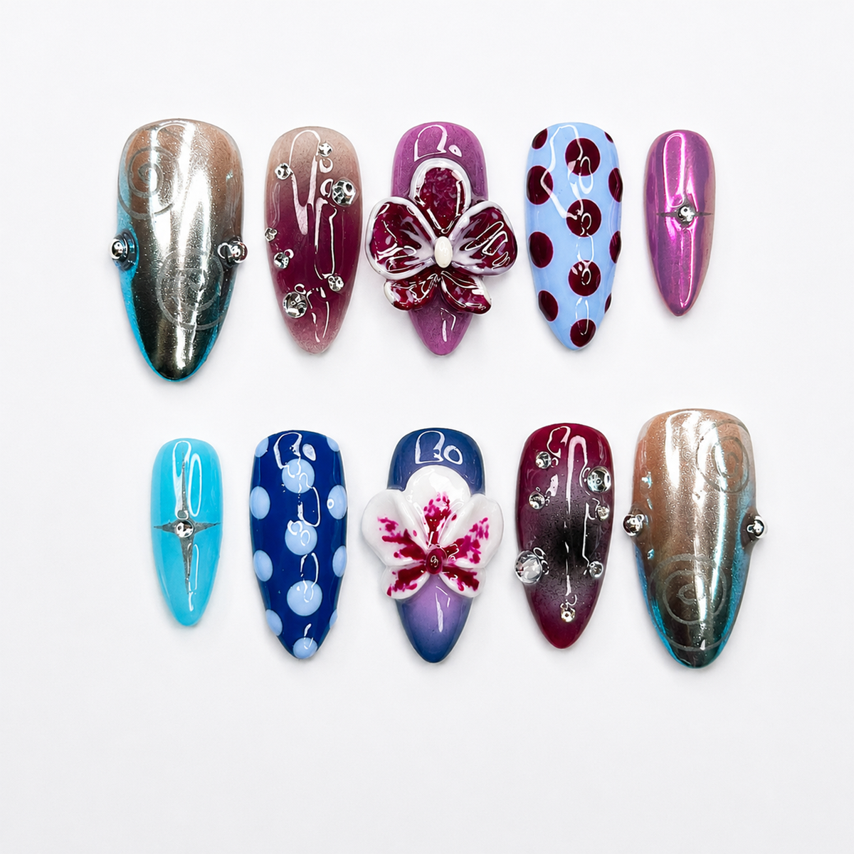 Eclectic Jewel Tone Press On Nails, 3D Floral Chrome Nails, Cat Eye Abstract Handmade Statement Nail Set, OB1379U