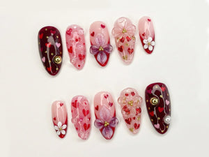 Sweetheart Bloom Press On Nails | Valentine Heart Nails | Pink Red Romantic Nails | 3D Flower Press On Nails | Handmade Love Nail Art |  OB13L