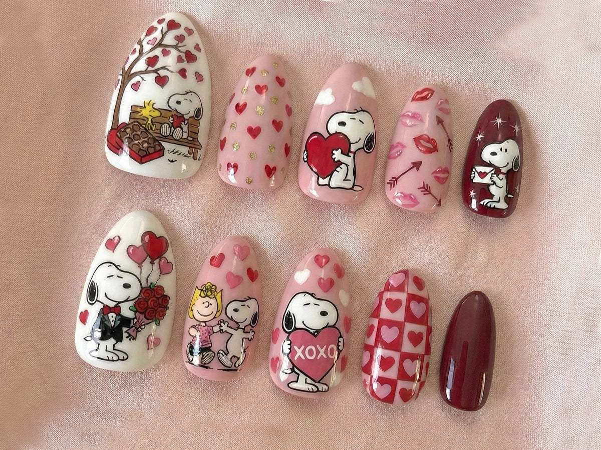 Snoopy Love Story Press On Nails | Valentine Cartoon Nails | Pink Heart Nail Art | Cute Snoopy & Peanuts Design | Handmade Press Ons | OB14LN