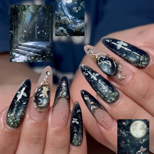 Celestial Press On Nails • Butterfly Gift for Her • Navy Blue Moon Butterfly Gold Frame Handmade Fake Nails Night Sky Set Deluxe | OB429LC