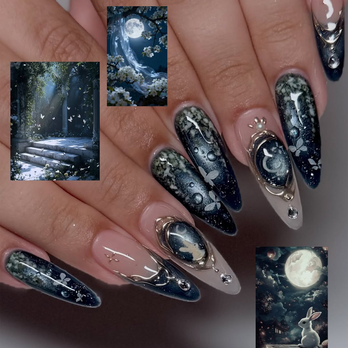 Celestial Press On Nails • Butterfly Gift for Her • Navy Blue Moon Butterfly Gold Frame Handmade Fake Nails Night Sky Set Deluxe | OB429LC