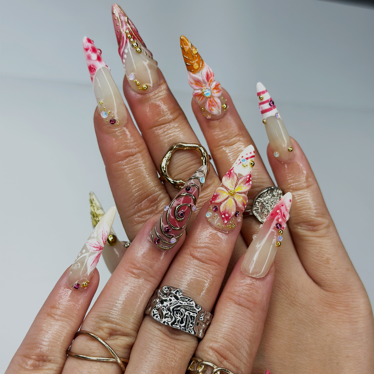 Summer 3D Press On Nails | Luxury Tropical Stiletto Nails | Premium Beach Vacation Birthday Nails Gift | OB397LK