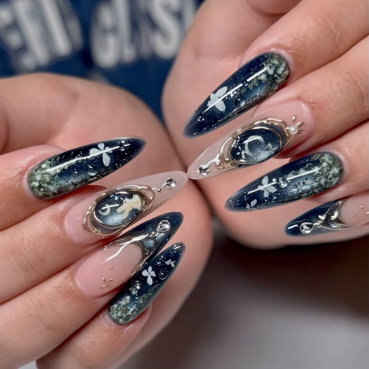Celestial Press On Nails • Butterfly Gift for Her • Navy Blue Moon Butterfly Gold Frame Handmade Fake Nails Night Sky Set Deluxe | OB429LC