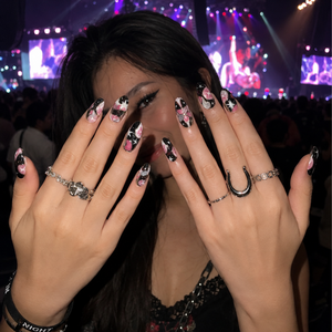 Celestial Press On Nails Almond • Birthday Gift for Her • Pink Black 3D Star Moon Galaxy Handmade Fake Nails Romantic Dark Style| OB425LC